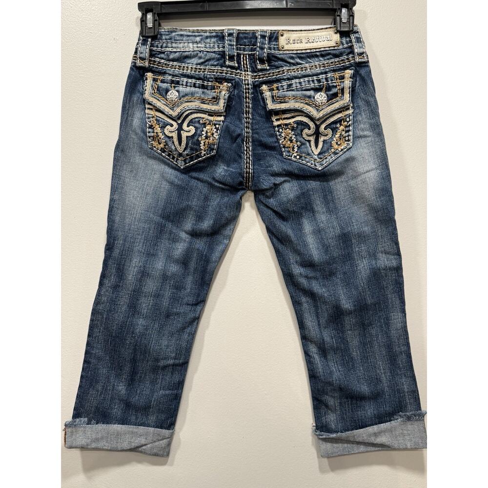 EUC Rock Revival Women's Kai Capri Jeans Size 26 Rhinestone Thick Stitch Y2K